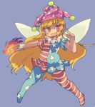  1girl american_flag_dress american_flag_legwear bangs blonde_hair blush clownpiece dress fairy_wings fang fire full_body hat holding ini_(inunabe00) jester_cap long_hair looking_at_viewer neck_ruff open_mouth polka_dot red_eyes short_dress short_sleeves simple_background smile solo standing star star_print striped torch touhou very_long_hair wings 