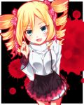  1girl blonde_hair blood blood_splatter blue_eyes blush dairenji_suzuka drill_hair hair hair_ribbon happy long looking_at_viewer looking_up open_mouth ribbon skirt solo splatter tokyo_ravens tsukasa_kinako twintails white_outerwear 