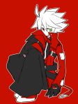  1boy baggy_pants beltskirt black_pants blazblue claws giant_hand gloves green_eyes jacket male_focus pants ragna_the_bloodedge red_background red_eyes red_jacket sitting smile solo spiky_hair white_hair 