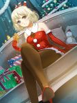 1girl christmas_tree crossed_legs eating eri_(artist) from_below gingerbread_cookie high_heels original santa_costume snowman 
