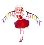  1girl arm_garter ascot blann blonde_hair bow fang flandre_scarlet frilled_hat frilled_shirt_collar frilled_skirt frills full_body hair_bow hat hat_bow hat_ribbon highres mary_janes mob_cap open_mouth puffy_short_sleeves puffy_sleeves red_bow red_eyes red_ribbon red_shoes red_skirt red_vest ribbon shoes short_sleeves side_ponytail simple_background skirt smile solo touhou white_background white_hat white_legwear wings 