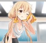  1girl :q bike_shorts blonde_hair breasts brown_eyes collarbone futaba_anzu hot idolmaster idolmaster_cinderella_girls leaning_forward long_hair low_twintails mirakichi small_breasts solo sweat sweating tank_top tongue tongue_out towel twintails wiping_sweat 