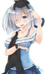  1girl alternate_costume animal animal_on_head bare_shoulders blue_clothes blue_eyes blue_skirt blush breast_hold breasts casual cat collarbone detached_sleeves eyes_visible_through_hair frills hair_ornament hairclip hamakaze_(kantai_collection) highres kantai_collection large_breasts looking_up mhong off_shoulder one_eye_closed open_mouth short_hair silver_hair skirt skirt_set tongue upper_body 