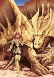  1girl :d barbariank breasts dark_skin dragon dragon_girl dragon_tail dungeons_and_dragons gauntlets greaves highres horns medium_breasts monster monster_girl navel open_mouth original personification redhead revealing_clothes scales sharp_teeth short_hair slit_pupils smile solo tail teeth thigh-highs wings yellow_eyes 