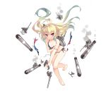  1girl ahoge albacore_(zhan_jian_shao_nyu) american_flag_bikini aqua_hair armpits bikini blonde_hair breasts broken bubble cannon collarbone damaged eyebrows eyebrows_visible_through_hair fang flag_print front-tie_bikini front-tie_top gradient_hair hair_down holding holding_weapon leaning_forward long_hair looking_at_viewer machinery multicolored_hair multicolored_ribbon nail_polish official_art open_mouth pink_eyes remodel_(zhan_jian_shao_nyu) saru side-tie_bikini small_breasts smoke solo standing standing_on_one_leg swimsuit torpedo transparent_background wardrobe_malfunction weapon zhan_jian_shao_nyu 