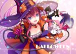  1girl black_gloves blue_eyes choker commentary_request dragon_tail elbow_gloves elizabeth_bathory_(fate/grand_order) fang fate/grand_order fate_(series) gloves hair_between_eyes halloween halloween_costume hat jh lancer_(fate/extra_ccc) long_hair looking_at_viewer open_mouth pointy_ears redhead tail witch_hat 