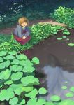  1girl :d ^_^ bangs brown_hair clenched_hand closed_eyes day dress fish grass highres hiko_(scape) hood hooded_jacket jacket lily_pad long_sleeves open_clothes open_jacket open_mouth original outdoors pond red_dress sitting smile swept_bangs water 