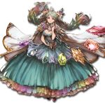  1girl breasts cape cleavage dress earrings frills gem granblue_fantasy green_hair hair_ornament jewelry long_hair looking_at_viewer minaba_hideo multicolored_hair ring simple_background solo twintails white_background 