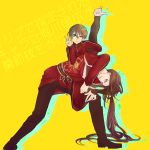  2boys barefoot black_hair blue_eyes casual full_body hair_between_eyes hair_ribbon horikawa_kunihiro izumi-no-kami_kanesada jacket long_hair male_focus multiple_boys numsan pointing pointing_up ponytail pose ribbon tongue tongue_out touken_ranbu track_jacket yellow_background 