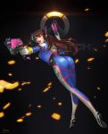  1girl 2016 7yue ;d arched_back ass bangs bodysuit boots bracer breasts brown_eyes brown_hair character_name charm_(object) copyright_name d.va_(overwatch) dated dual_wielding emblem eyelashes facepaint facial_mark finger_on_trigger from_behind full_body gloves gun hand_up handgun headphones highres holding holding_gun holding_weapon lips lipstick logo long_hair long_sleeves looking_at_viewer makeup nose one_eye_closed open_mouth overwatch pauldrons pilot_suit red_lips red_lipstick ribbed_bodysuit shoulder_pads skin_tight small_breasts smile solo teeth thigh-highs thigh_boots thigh_strap turtleneck weapon whisker_markings white_boots white_gloves 
