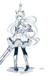  1girl alternate_height animal_ears armor armored_boots artist_name boots breastplate cat_ears charlotta_(granblue_fantasy) closed_mouth commentary crown erun_(granblue_fantasy) full_body granblue_fantasy greenopi highres long_hair monochrome puffy_sleeves shield sketch skirt solo standing sword very_long_hair weapon 