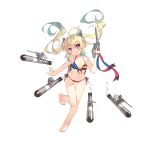  1girl ahoge albacore_(zhan_jian_shao_nyu) american_flag_bikini aqua_hair armpits bikini blonde_hair breasts bubble cannon closed_mouth collarbone eyebrows eyebrows_visible_through_hair fang flag_print front-tie_bikini front-tie_top gradient_hair holding holding_weapon long_hair looking_at_viewer machinery multicolored_hair multicolored_ribbon nail_polish navel official_art pink_eyes remodel_(zhan_jian_shao_nyu) saru side-tie_bikini small_breasts solo standing standing_on_one_leg swimsuit torpedo transparent_background trigger_discipline twintails weapon zhan_jian_shao_nyu 