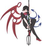  1girl asymmetrical_wings black_dress black_hair black_legwear bow commentary dress highres houjuu_nue mefomefo polearm red_bow red_eyes red_shoes shoes simple_background snake thigh-highs touhou trident weapon white_background wings zettai_ryouiki 