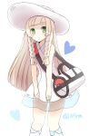  1girl bag blonde_hair braid dress duffel_bag green_eyes hat heart highres lillie_(pokemon) long_hair mazeru_(jisjifin) pokemon pokemon_(game) pokemon_sm see-through simple_background sleeveless sleeveless_dress solo sun_hat twin_braids white_background white_dress white_hat 