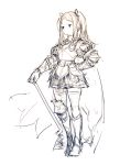 armor armored_boots boots full_body gauntlets hair_ribbon hand_on_hilt hand_on_hip junwool looking_away monochrome radiata_stories ribbon ridley_timberlake sidelocks sketch skirt standing twintails weapon 