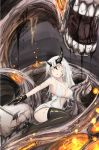  1girl asymmetrical_horns black_legwear breasts cleavage hair_between_eyes heavy_cruiser_hime heavy_cruiser_summer_hime high_heels highres horns kantai_collection large_breasts long_hair monster shinkaisei-kan solo thigh-highs white_hair white_skin yam-potong yellow_eyes 