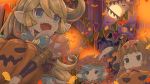  3girls :/ :3 :d bat blonde_hair blue_bow blue_eyes blue_hair blush bow braid brown_hair candy character_request charlotta_(granblue_fantasy) closed_mouth eyebrows eyebrows_visible_through_hair fang full_moon granblue_fantasy hair_between_eyes halloween harbin hat holding jack-o&#039;-lantern long_hair looking_at_another moon multiple_girls night o_(rakkasei) open_mouth outdoors pointy_ears puffy_sleeves smile sweatdrop triangle_mouth very_long_hair 