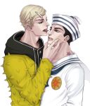  2boys birthmark black_hair blonde_hair clenched_teeth dixie_cup_hat facial_mark grey_hair hair_ornament hairclip hand_on_another&#039;s_face hat higashikata_joubin higashikata_jousuke_(jojolion) hood hoodie jewelry joestar_birthmark jojo_no_kimyou_na_bouken jojolion kukimoki male_focus military_hat multiple_boys necklace sailor spikes sweat teeth tongue tongue_out 