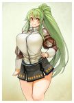  1girl breasts brown_background brown_eyes green_hair highres large_breasts long_hair monster_hunter original sachito smile solo sumi-chan_(sachito) thick_thighs thighs very_long_hair zipper 
