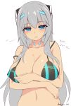  1girl android artist_name bare_arms bikini_top blue_eyes blush breast_hold breasts cleavage dangan_neko grey_hair headgear highres large_breasts long_hair looking_at_viewer navel original parted_lips sidelocks solo stomach strap_slip symbol-shaped_pupils upper_body white_background x_x 