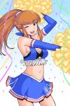  1girl :d amemiya_sayaka blush breasts brown_eyes brown_hair cheerleader cleavage detached_sleeves hamu_agaki highres long_hair medium_breasts navel one_eye_closed open_mouth osu!_tatakae!_ouendan pom_poms ponytail smile solo 