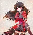  1girl black_hair black_skirt commentary commentary_request finger_to_mouth grin iesupa raven_branwen red_eyes rwby skirt smile translation_request 