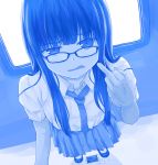  1girl broken cellphone fang getsuyoubi_no_tawawa glasses highres long_hair looking_at_viewer middle_finger monochrome necktie parted_lips phone pleated_skirt riri_(no-name_girl) skirt smartphone solo 
