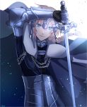 &gt;:) 1boy arm_up armor blonde_hair blue_eyes braid cape chain closed_mouth fate/grand_order fate_(series) genderswap genderswap_(ftm) headpiece holding holding_sword holding_weapon looking_at_viewer male ruler_(fate/apocrypha) single_braid smile solo sushimaro sword upper_body weapon white_background 