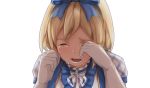  1girl bangs blue_ribbon blue_vest crying djeeta_(granblue_fantasy) gloves granblue_fantasy hair_ribbon kimi_to_boku_no_mirai nishino_(waero) open_mouth ribbon short_hair simple_background solo superstar_(granblue_fantasy) tears upper_body vest white_background white_gloves 