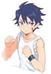  1boy bandaid bandaid_on_face blue_eyes blue_hair child clenched_hands idolmaster idolmaster_side-m male_focus sagami_hako sleeves_rolled_up solo taiga_takeru upper_body wristband younger 