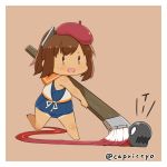  1girl art_brush beret brown_eyes brown_hair brush capriccyo chibi hat i-401_(kantai_collection) i-class_destroyer kantai_collection one-piece_swimsuit paintbrush ponytail running sailor_collar school_swimsuit shinkaisei-kan short_ponytail smile solo swimsuit swimsuit_under_clothes tan tanline 