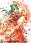  1girl brown_eyes copyright_name dress elincia_ridell_crimea fire_emblem fire_emblem:_souen_no_kiseki fire_emblem_cipher green_hair hair_bun hair_up holding jewelry juliet_sleeves long_sleeves petals puffy_sleeves simple_background smile solo staff tiara white_background wide_sleeves 