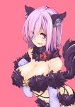  1girl absurdres animal_ears baron_suzuki blush breasts cleavage elbow_gloves fate/grand_order fate_(series) fur_trim gloves hair_over_one_eye highres large_breasts navel open_mouth pink_background purple_gloves purple_hair shielder_(fate/grand_order) short_hair simple_background smile solo tail violet_eyes wolf_ears wolf_tail 