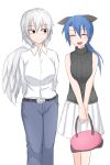  2girls arms_behind_back bag bare_shoulders belt blue_hair breasts casual closed_eyes denim doremy_sweet ears female handbag jeans kishin_sagume kuroba_rapid long_hair multiple_girls open_mouth pants red_eyes silver_hair skirt touhou turtleneck white_wings wings 