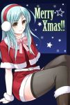  1girl aqua_hair christmas earmuffs eri_(artist) looking_at_viewer merry_christmas santa_costume simple_background sitting star thigh-highs zettai_ryouiki 