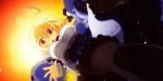  1girl ahoge black_legwear blonde_hair blue_dress bow breasts dress es_(xblaze_code:_embryo) falling frills hair_bow highres higuchi_konomi large_breasts leggings orange_eyes reaching_out xblaze xblaze_code:_embryo xblaze_lost:_memories 