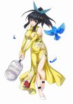  1girl bird birdcage black_eyes black_hair cage carrying china_dress chinese_clothes dress feathers floral_print full_body hair_ornament hairclip high_ponytail highres kirihara_konoe kure_masahiro long_hair official_art side_slit sidelocks simple_background solo v-arms valkyrie_drive valkyrie_drive_-siren- white_background 