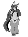  1girl alternate_breast_size animal_ears anubis_(monster_girl_encyclopedia) blush drawfag fang flying_sweatdrops greyscale groin highres long_hair looking_at_viewer monochrome monster_girl monster_girl_encyclopedia navel open_mouth paws petite slit_pupils solo stomach tail tattoo thighs wide_hips 