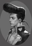  1boy cheekbones earrings gakuran greyscale heart higashikata_jousuke highres jewelry jojo_no_kimyou_na_bouken long_neck male_focus monochrome peace_symbol pompadour profile san_miao school_uniform solo stud_earrings upper_body 