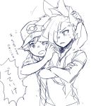  2boys anger_vein baseball_cap crossed_arms gladio_(pokemon) hair_over_one_eye hat hood hoodie ittunn male_focus male_protagonist_(pokemon_sm) monochrome multiple_boys pokemon pokemon_(game) pokemon_sm shirt short_hair simple_background smile sweat t-shirt translated upper_body white_background 