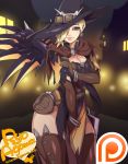  1girl agawa_ryou alternate_costume blue_eyes bracelet breasts brown_gloves brown_legwear cleavage earrings elbow_gloves gloves hair_over_one_eye hat_over_one_eye jewelry lips mechanical_wings mercy_(overwatch) overwatch patreon smile solo thigh-highs thighs wings 