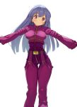  1girl belt blue_hair blush bodysuit breasts chaps commentary_request cropped_jacket gloves kaisen_chuui kula_diamond long_hair looking_at_viewer outstretched_arms red_eyes simple_background smile solo spread_arms the_king_of_fighters white_background zipper 