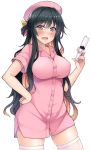  1girl black_hair blush breasts buttons clenched_hand erect_nipples fang hair_ribbon hand_on_hip hat kantai_collection kusano_(torisukerabasu) long_hair looking_at_viewer multicolored_hair naganami_(kantai_collection) nurse nurse_cap open_mouth pink_hair ribbon simple_background smile solo syringe thigh-highs white_background white_legwear yellow_eyes 