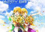  2boys ahoge aoi_kyousuke aoi_yuusuke beanie belt bouquet bracelet brothers character_name clouds cloudy_sky cowboy_shot dated eyebrows eyebrows_visible_through_hair flower glasses half-closed_eyes happy_birthday hat idolmaster idolmaster_side-m jewelry male_focus multiple_boys orange_hair rose siblings sky smile sunflower tulip twins w_(idolmaster) white_rose 