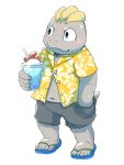  black_shorts blue_eyes blush closed_mouth clothed_pokemon cup drink drinking_glass drinking_straw flower full_body hand_in_pocket hawaiian_shirt hibiscus holding_glass ice ice_cube looking_to_the_side machop navel no_humans pokemon sandals shirt short_sleeves shorts simple_background smile standing stomach unbuttoned unbuttoned_shirt white_background 