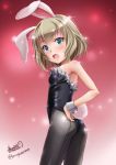  1girl animal_ears artist_name ass bangs bare_shoulders black_legwear black_leotard bunny_tail bunnysuit cowboy_shot fake_animal_ears fake_tail fang from_behind girls_und_panzer haruhata_mutsuki katyusha leotard looking_at_viewer looking_back open_mouth pantyhose rabbit_ears red_background short_hair signature smile solo sparkle standing strapless strapless_leotard tail twitter_username wrist_cuffs 