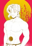  1boy belt collarbone earrings groin hole_on_body jewelry jojo_no_kimyou_na_bouken kakyouin_noriaki lanxjourney limited_palette male_focus muscle navel plant scar scar_across_eye shirtless solo upper_body 