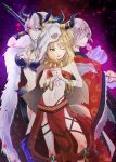  &gt;:) 3girls alternate_costume animal_skull artoria_pendragon_alter_(fate/grand_order) bandage_over_one_eye bandages bandeau bangle bare_shoulders blonde_hair boots bracelet braid breasts cape cleavage confetti cowboy_shot dancer fan fang fate/grand_order fate_(series) florence_nightingale_(fate/grand_order) frilled_sleeves frills fur_trim green_eyes hair_ornament hands_together horns japanese_clothes jewelry kimono knee_boots large_breasts long_hair long_sleeves looking_at_viewer midriff multiple_girls navel necklace pelvic_curtain pink_eyes saber saber_alter saber_of_red shawl silver_hair single_braid small_breasts stomach sushimaro vambraces wide_sleeves yellow_eyes 