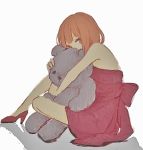  1girl artist_request bare_shoulders bow brown_eyes brown_hair dress high_heels hug looking_at_viewer mawaru_penguindrum object_hug oginome_ringo red_dress red_shoes sash shoes short_hair simple_background sitting source_request stuffed_animal stuffed_toy tagme teddy_bear toy white_background 