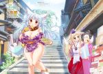  2girls animal_ears blonde_hair blue_eyes blue_hair blush breasts brown_eyes cleavage eating floral_print fox_ears fox_tail highres japanese_clothes kimono large_breasts long_hair looking_at_viewer miko miyano_ururu multiple_girls plump smile stairs tail thick_thighs thighs 
